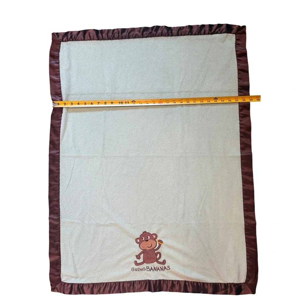 Carters Going Bananas Monkey Baby Blanket Sage Green Brown Satin  Trim 29x38